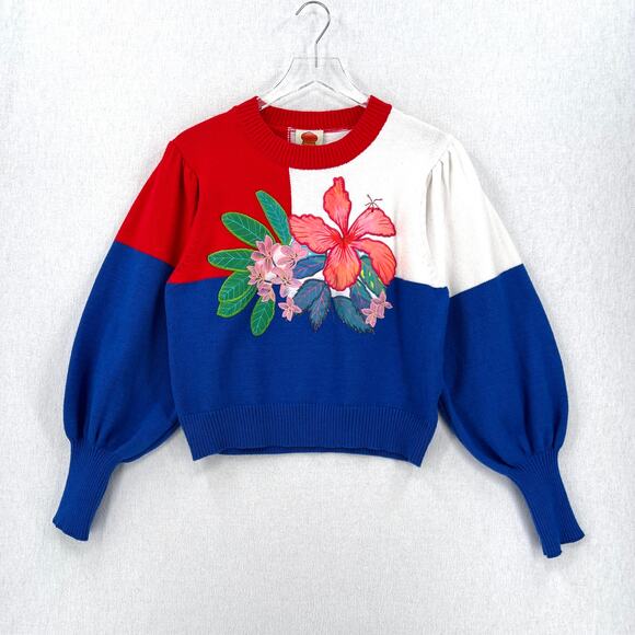 FARM RIO Floral Knit Sweater Women Medium Red White Blue Crew Balloon Colorblock - Picture 3 of 16